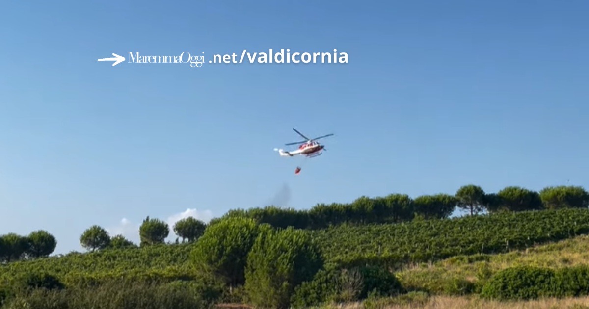 L'elicottero in azione sulle colline sopra a Baratti