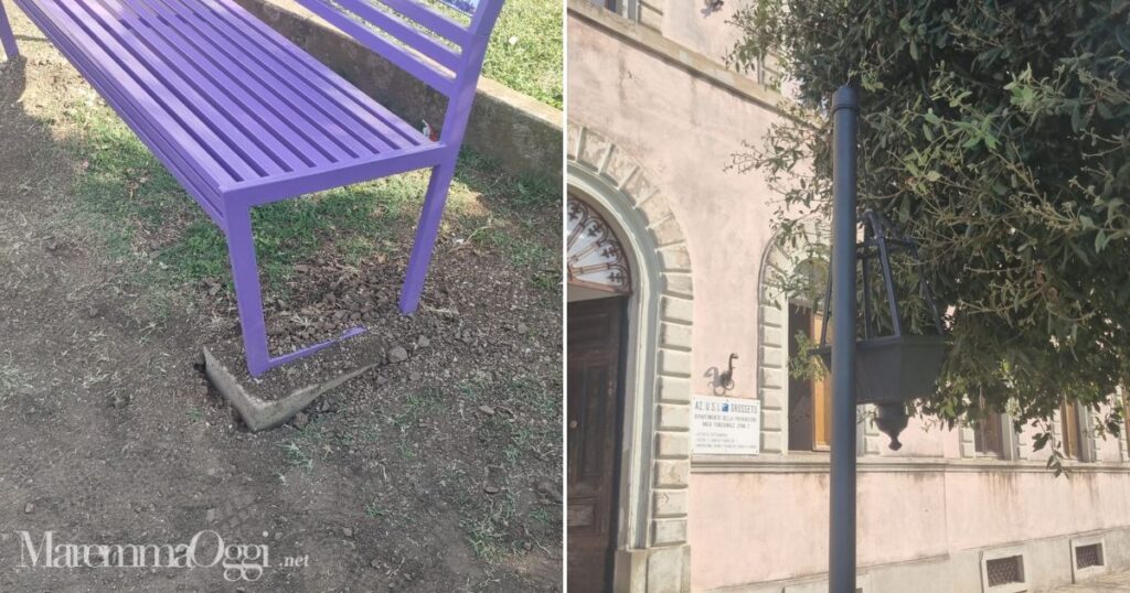 Il lampione e la panchina sradicata dai vandali