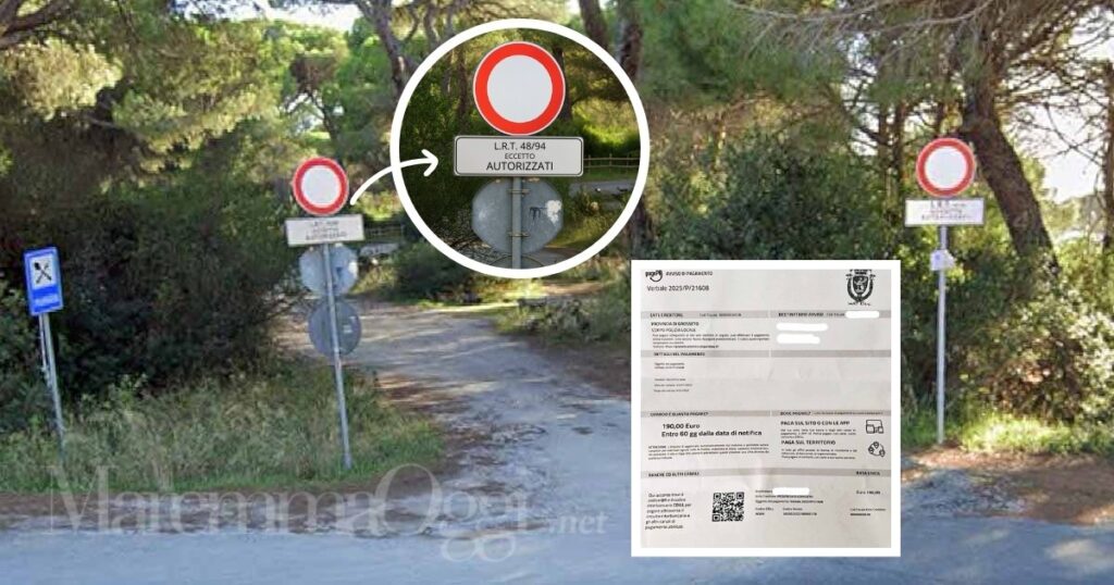 L'ingresso della stradina di Fiumara, il dettaglio del cartello e la multa