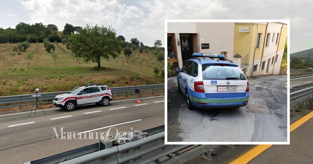 L'autovelox di Campagnatico sulla Grosseto-Siena e la macchina della stradale davanti al comune