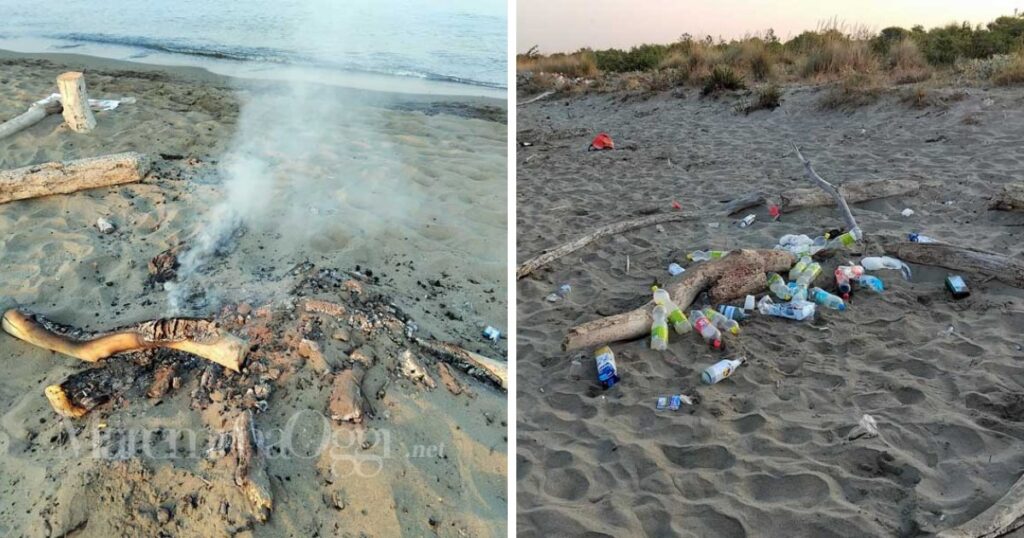 Un falò ancora acceso sulla spiaggia a sud di Principina e alcune delle bottiglie lasciate sulla sabbia