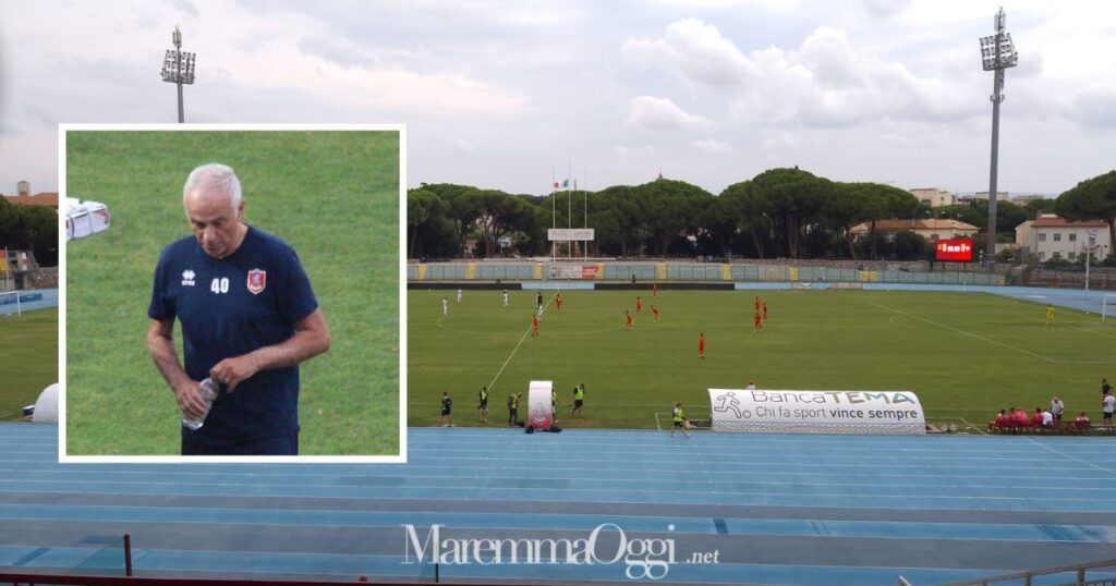 Un momento della partita fra il Grifone e la Pistoiese. Nel riquadro mister Indiani