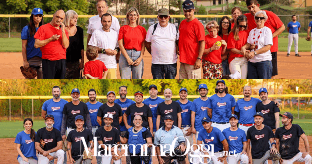 In alto alcuni membri della Fondazione Il Sole, in basso la squadra di softball che ha giocato la partita amatoriale