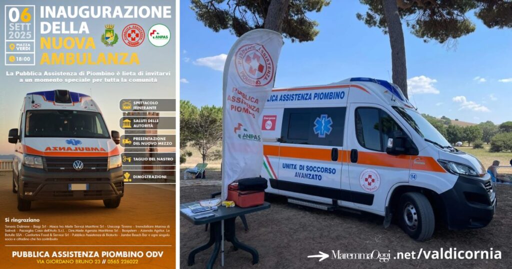 La locandina dell'evento e un'ambulanza della Pubblica Assistenza di Piombino