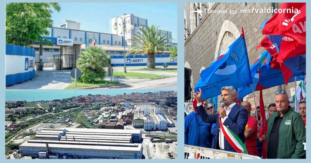 Due immagini della Magona di Piombino e il sindaco Francesco Ferrari durante il suo discorso