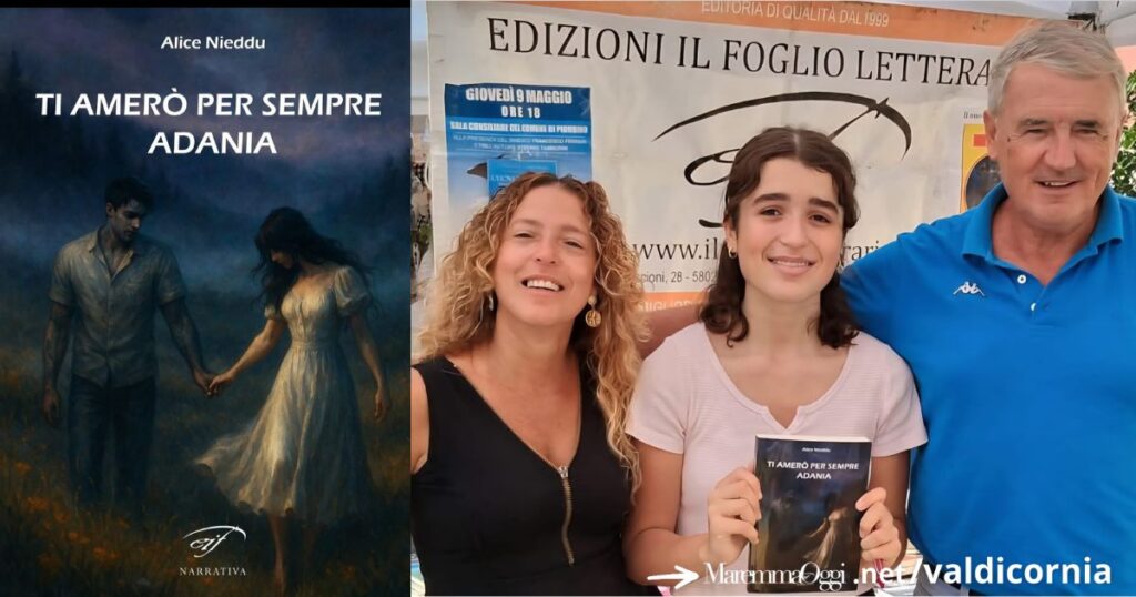 Alice Nieddu con il suo editore Gordiano Lupi, a sinistra la copertina del suo romanzo