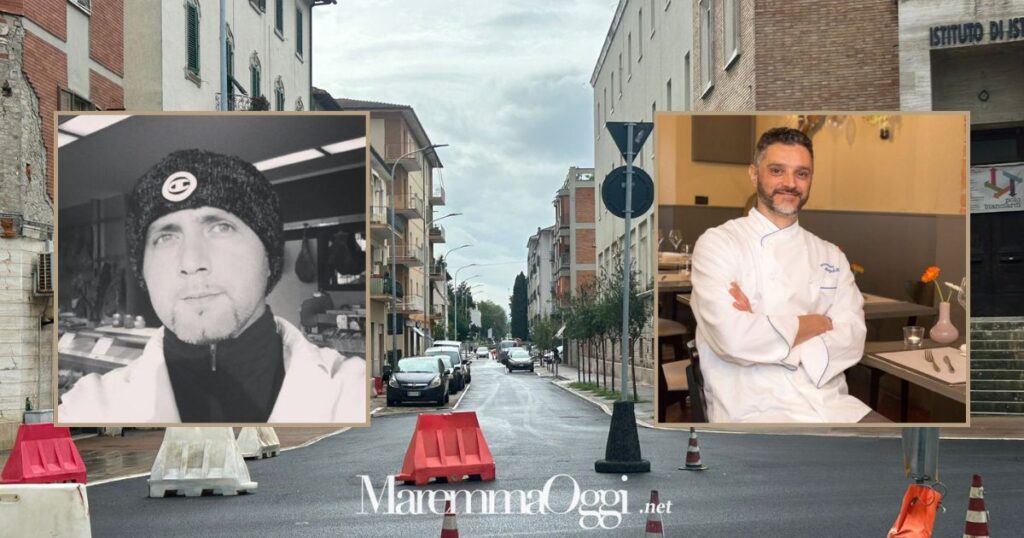 Sullo sfondo il cantiere aperto in via dei Barberi. Da sinistra: Alessio Bizzarri e Giovanni Angeletti