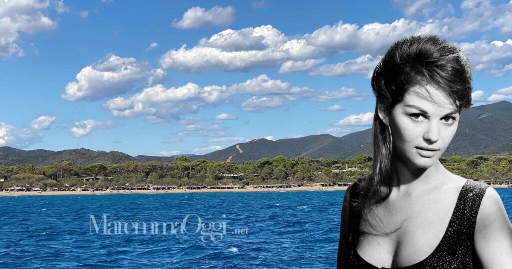 La pineta e la spiaggia di Roccamare e una foto di Claudia Cardinale negli anni '60