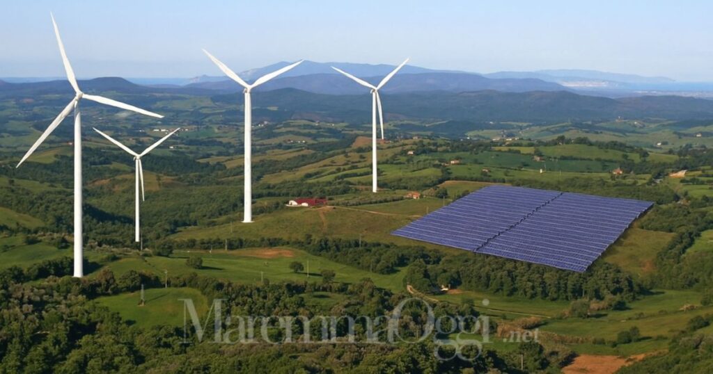 Un fotomontaggio di impianti eolici e fotovoltaici in Maremma, se ne parla il 25 in sala Pegaso