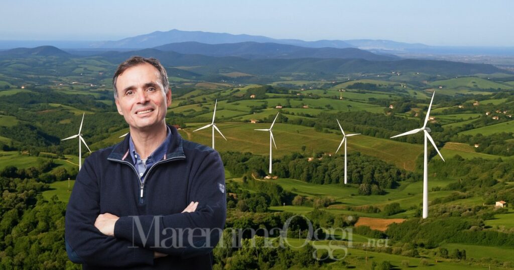 Un fotomontaggio di un impianto eolico in Maremma e Angelo Gentili di Legambiente
