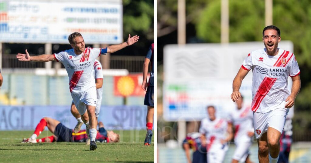 A sinistra capitan Riccobono esulta dopo la rete del 2-1, a sinistra Regoli (foto Aldo Giuliani per MaremmaOggi)