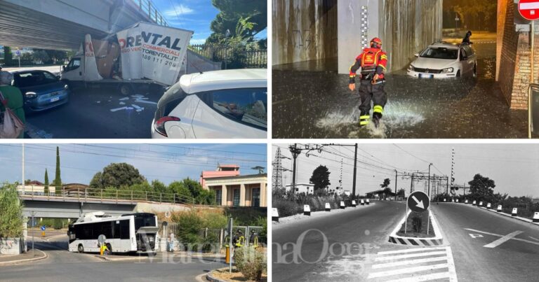 Quattro immagini simbolo della Grosseto tagliata in due: due mezzi incastrati, un'auto allagata, il vecchio passaggio a livello di Barbanella