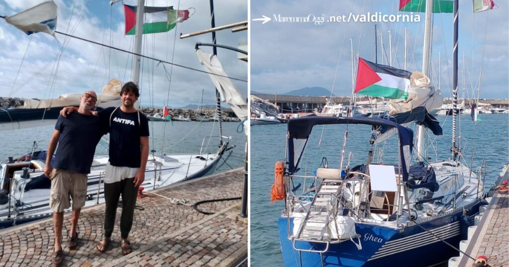 Jacopo Bertocchi e Francesco Ghini e la barca a vela con cui sono partiti con la flottiglia