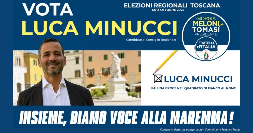 Luca Minucci è candidato per Fratelli d'Italia nel collegio di Grosseto alle regionali del 12 e 13 ottobre. (Contenuto elettorale a pagamento)