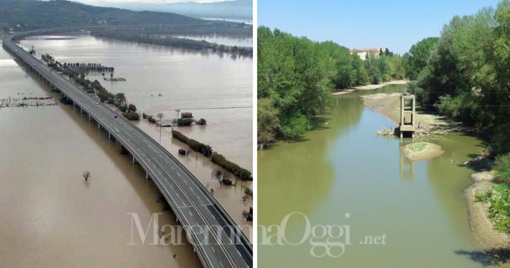 I due volti dell'Ombrone, a sinistra in inverno, in golena, a Grosseto, a destra, in estate, quasi in secca, a Istia