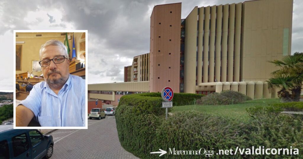 L'ospedale di Piombino e nel riquadro Mario Atzeni