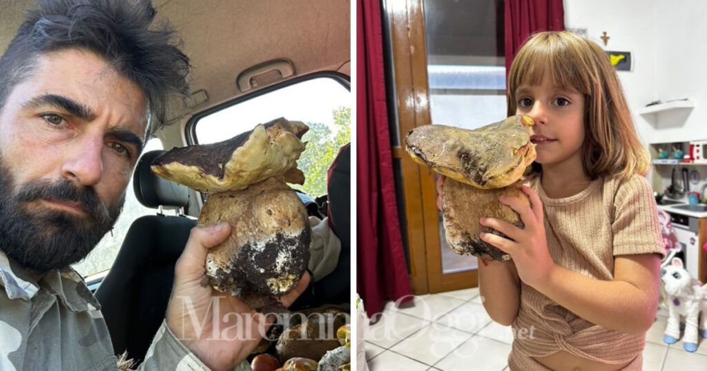 Manuel Sarti e la figlia con il super porcino trovato a Sticciano