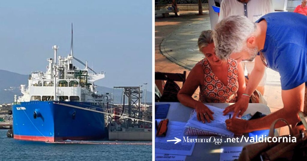 A sinistra il rigassificatore in porto a Piombino, a destra il sindaco Ferrari firma la lettera alla Meloni al banco dei comitati