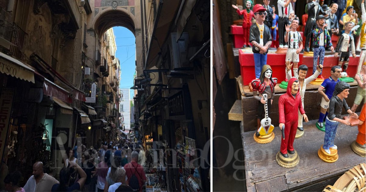 La folla in via San Gregorio a Napoli e un'altra immagine delle statuine