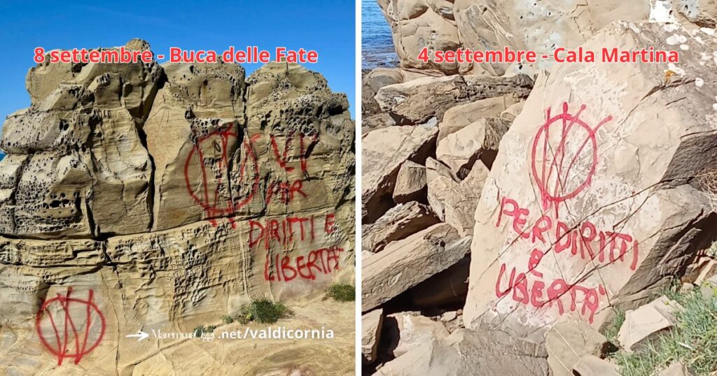 I due casi di scritte no vax: a sinistra Buca delle Fate, a destra Cala Martina