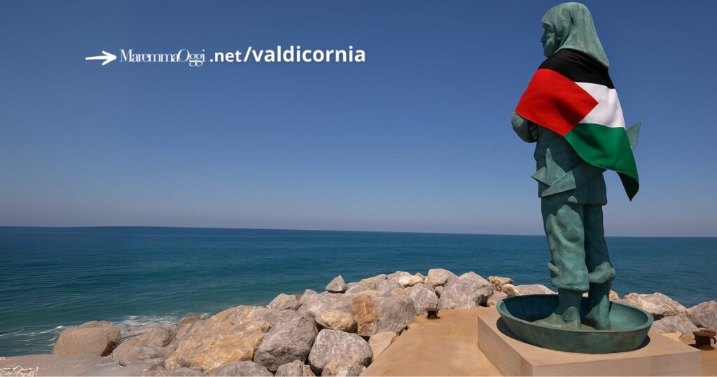 Un fotomontaggio della statua del Marinaio di Talani con la bandiera palestinese