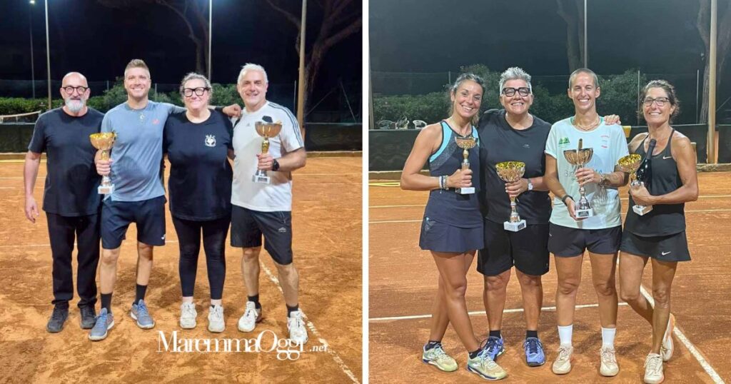 A sinistra Forconi e Peronaci con Massimo e Federica del Marina Sport Center, a destra le finaliste del femminile