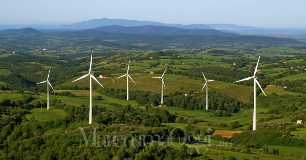 Un fotomontaggio con un parco eolico nella zona di Montauto