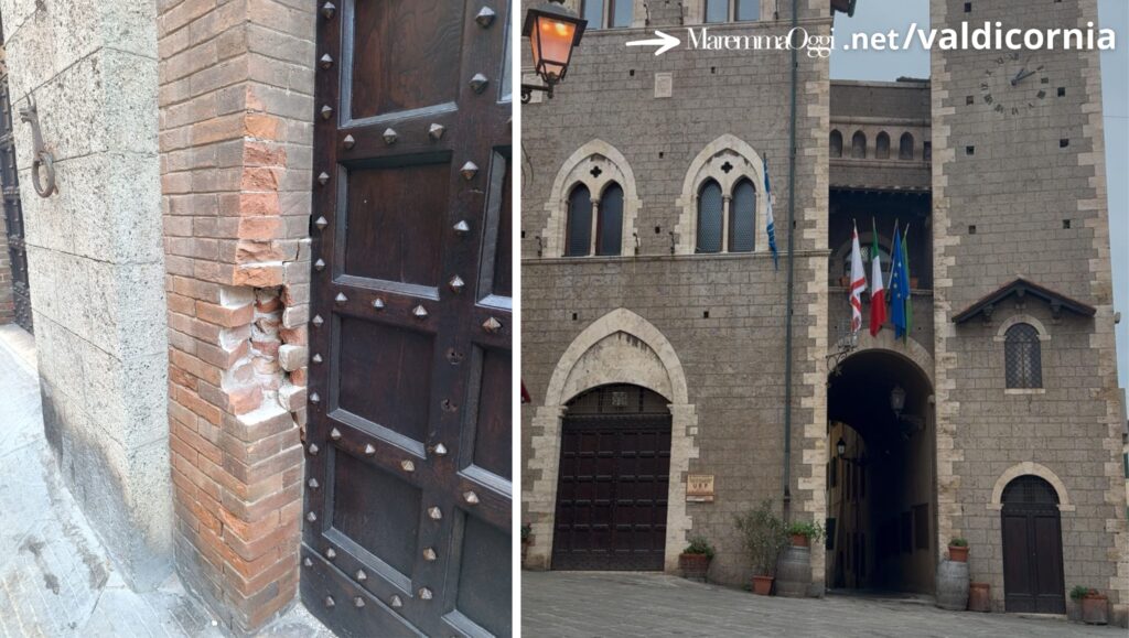 Il danno alla parete del Palazzo comunale di Piombino