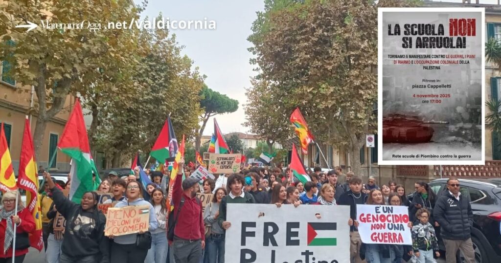 Studenti in manifestazione, nel riquadro la locandina di rete scuole contro la guerra