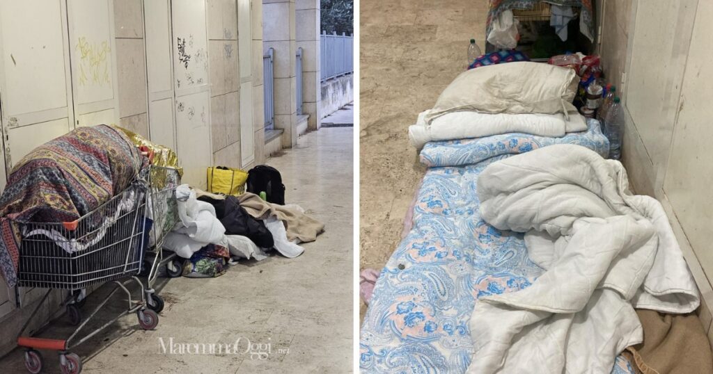 L'accampamento della donna sotto al palazzo Lamarmora. I residenti hanno fatto un esposto al questore