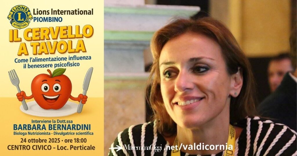Barbara Bernardini e la locandina dell'incontro il Cervello a tavola