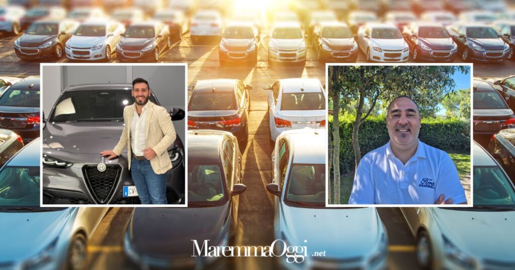 Un concessionario. Nei riquadri Vincenzo De Luca a sinistra e Simone Burroni a destra