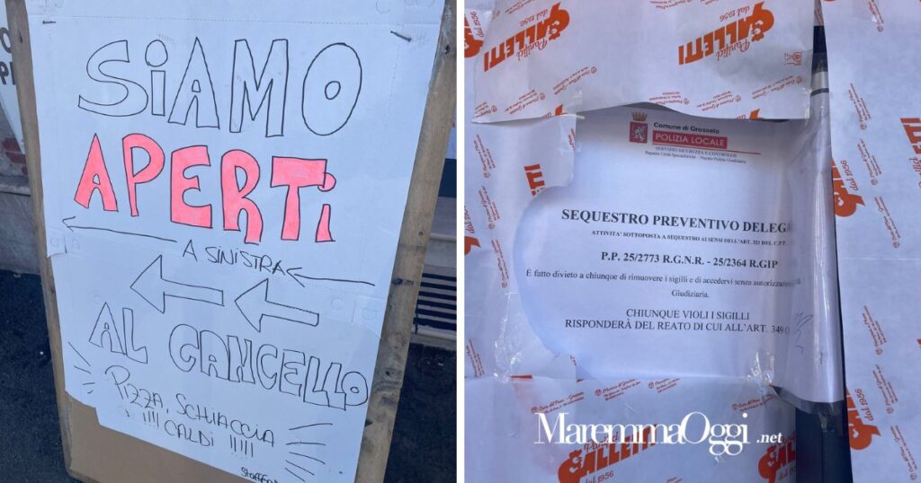 Il cartello di sequestro del forno Galletti e il cartello che indica l'entrata secondaria