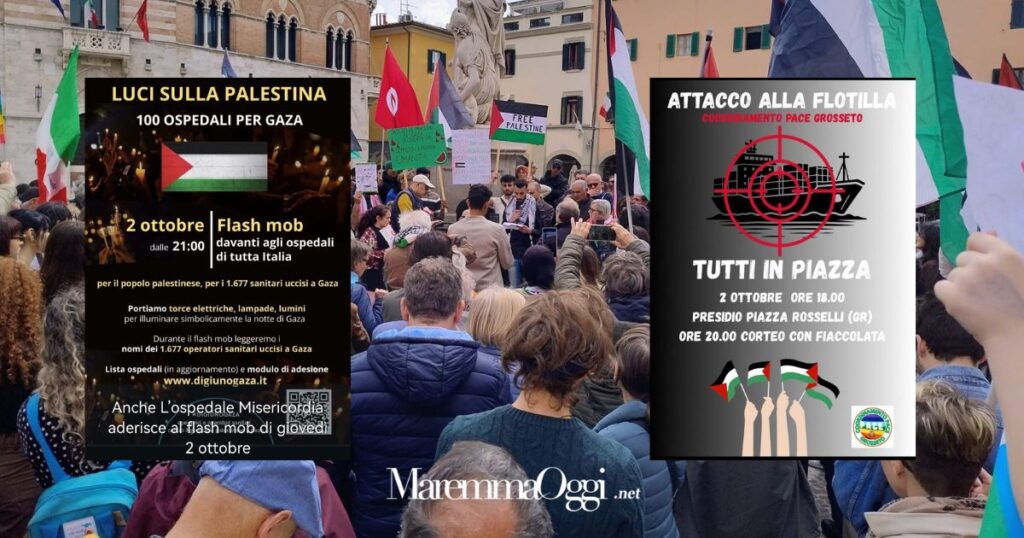 Una manifestazione a Grosseto e le locandine di quelle in programma