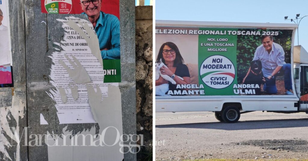 I manifesti elettorali strappati e la vela sul furgone davanti all'Aurelia Antica