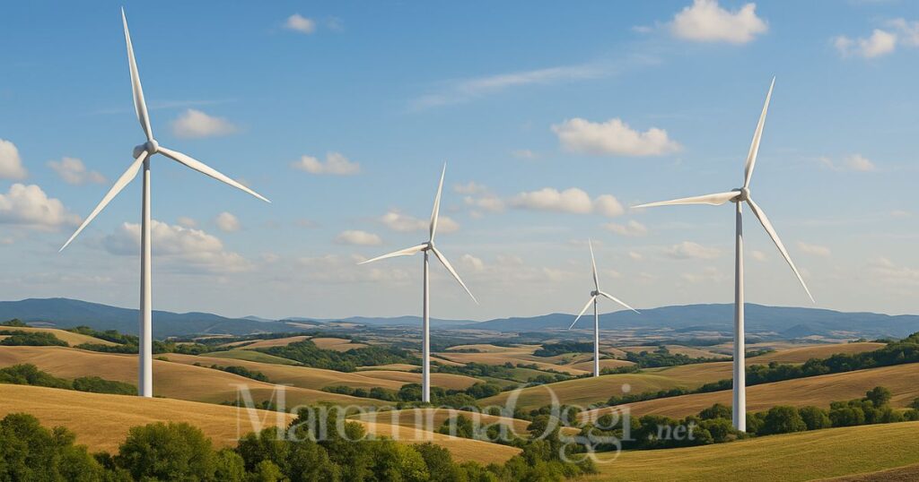 Un fotomontaggio di pale eoliche nel territorio comunale della Maremma, tra Arcidosso e Cinigiano