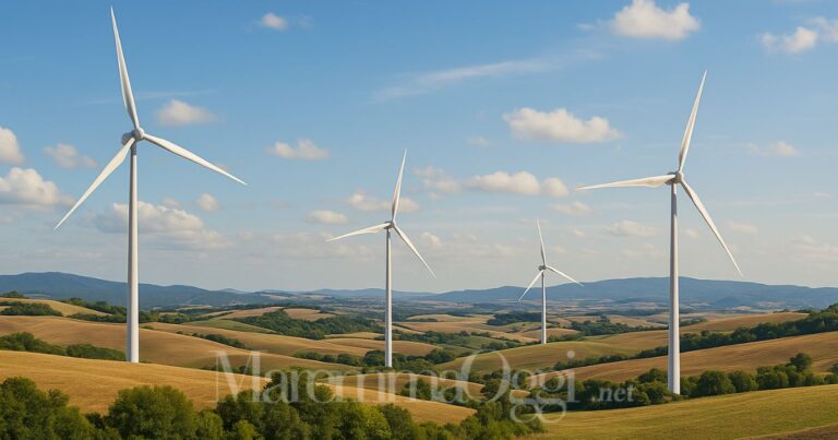 Un fotomontaggio di pale eoliche nel territorio comunale della Maremma, tra Arcidosso e Cinigiano