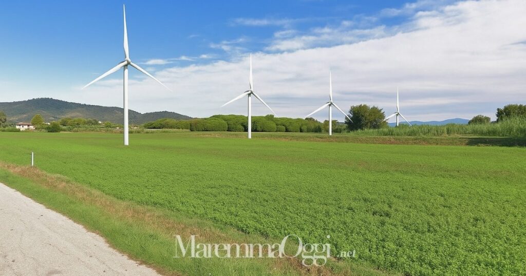 Un fotoinserimento di alcune pale eoliche nella zona sotto a Buriano