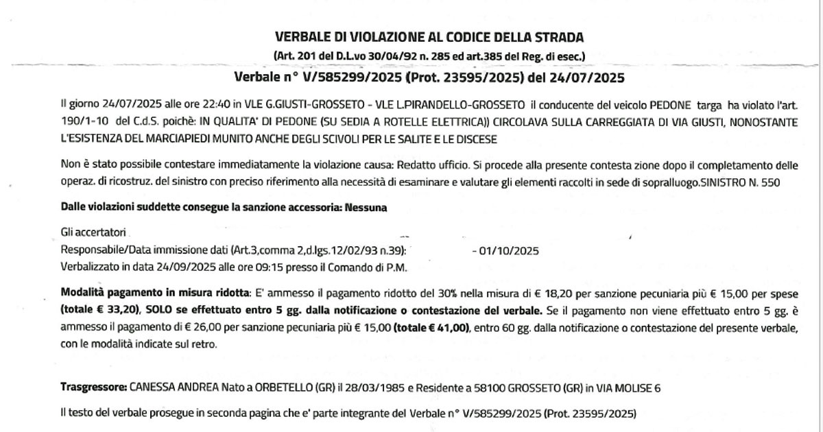 Il verbale arrivato ad Andrea