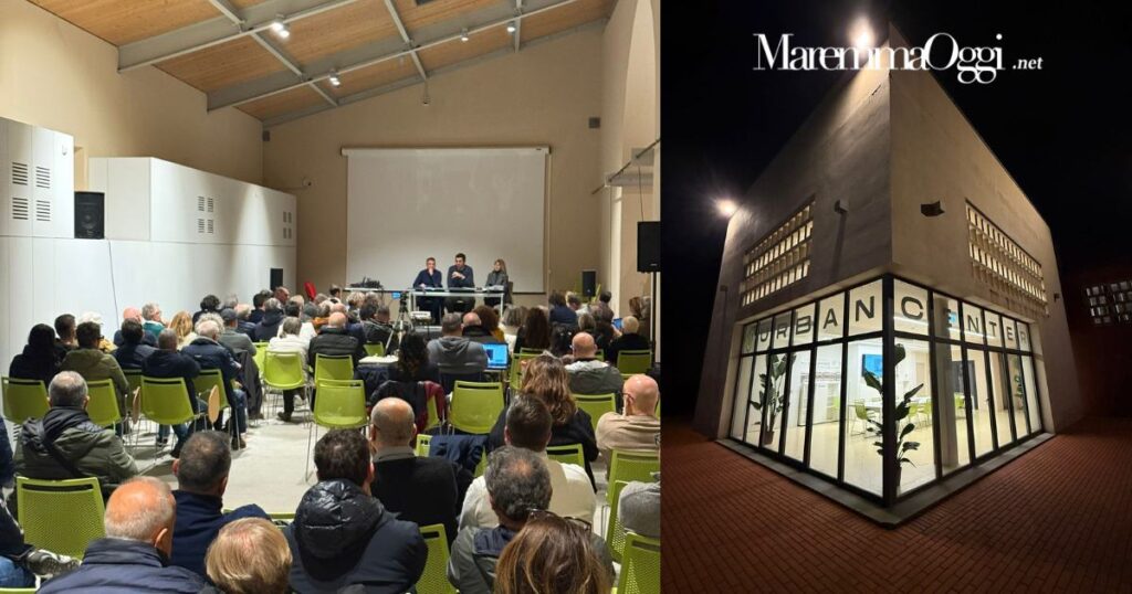 A sinistra il consiglio di ieri sera e a destra l'allestimento della sede dove si progetterà il futuro della città