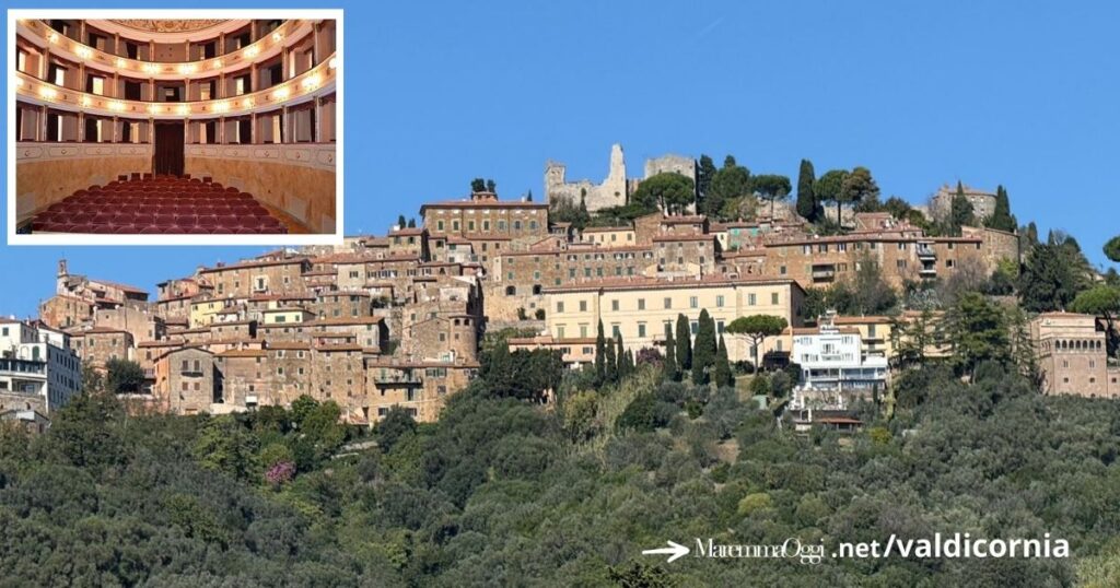 Il comune di Campiglia Marittima, nel riquadro uno scatto del Teatro Concordi