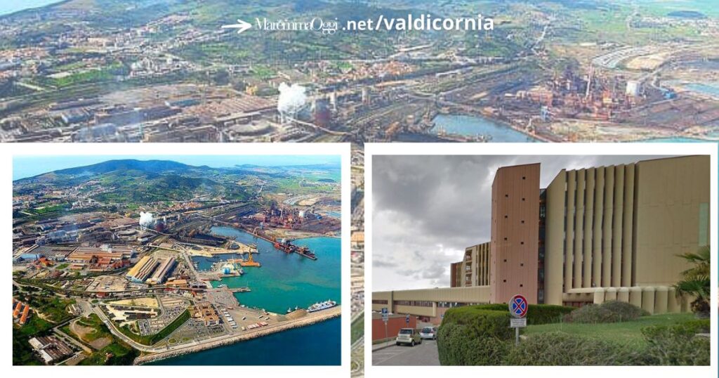 Un'immagine della zona industriale di Piombino dall'alto e l'ospedale Villamarina