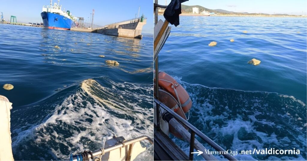 Schiume anomale, dense e oleose nel mare di fronte al porto di Piombino