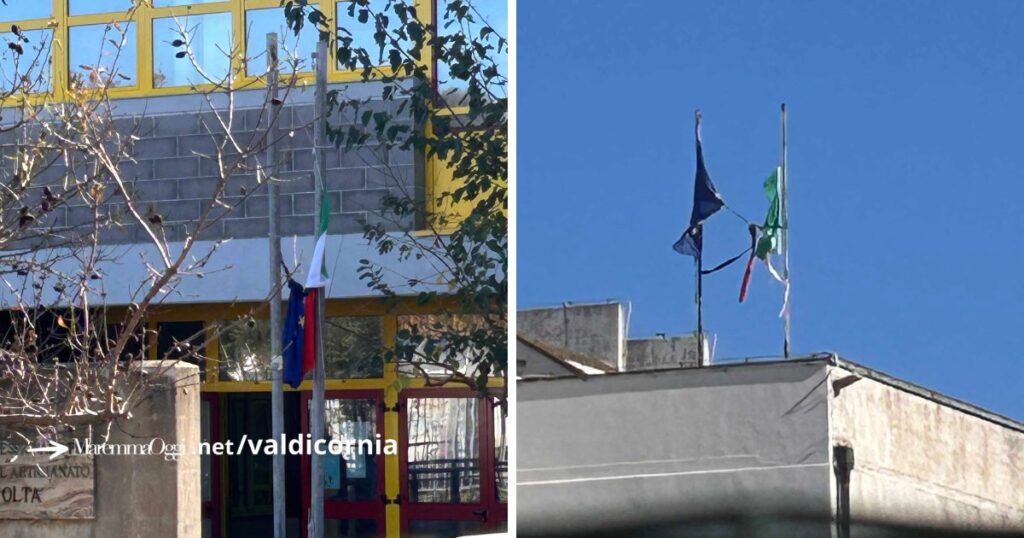 Le bandiere logore e strappate al Carducci Volta Pacinotti di Piombino