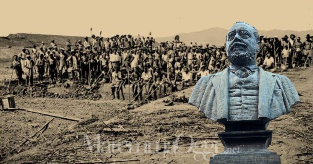 Una foto storica di badilanti impegnati nella bonifica e il busto di Ettore Socci, in piazza Socci (corso Carducci) a Grosseto
