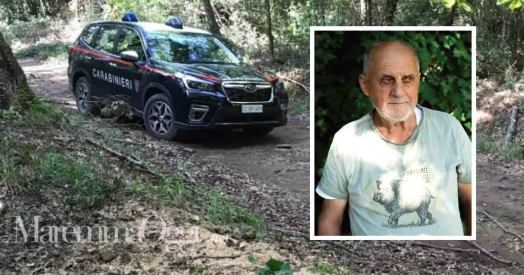 Incidente di caccia mortale nei boschi di Tirli, nel riquadro Renato Maestrini, la vittima (foto gentilmente concessa da Maremma Magazine)