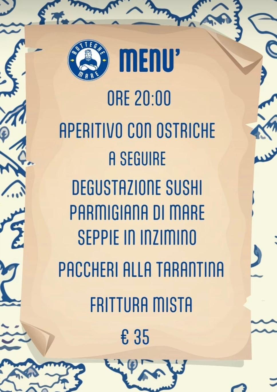 Il menu dell'evento alle Botteghe del Mare