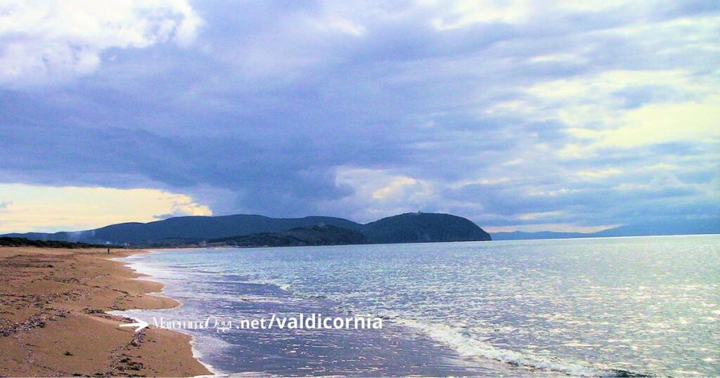 La spiaggia di San Vincenzo in inverno, sullo sfondo la Torraccia