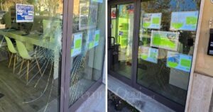 Due immagini della vetrina sfondata a Senzuno