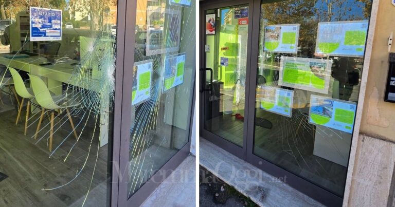 Due immagini della vetrina sfondata a Senzuno